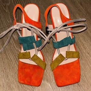 Orange Suede Lace Up Heels Gold Sculptural Heel Size 41 box p